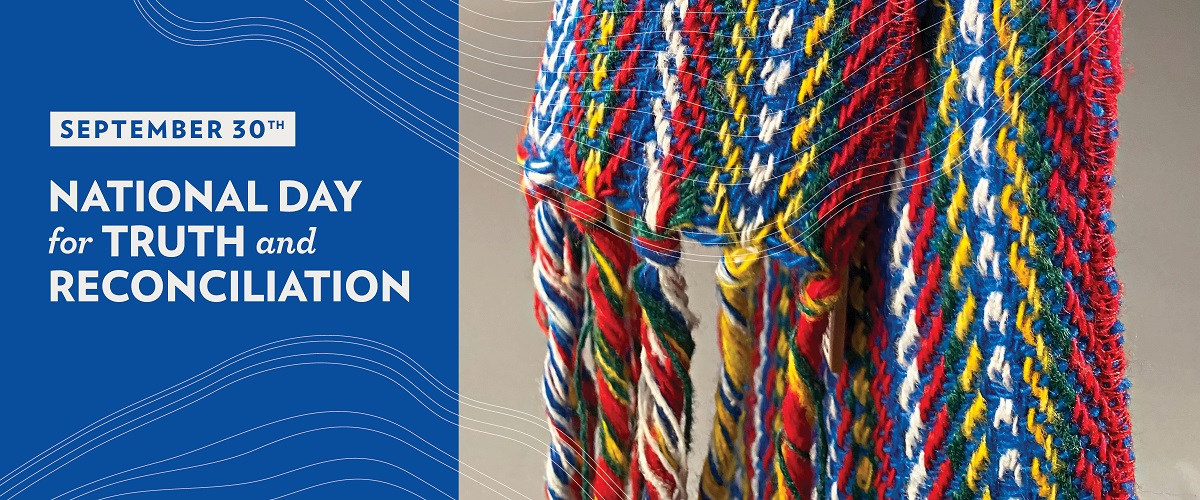 A zoomed in image of a colourful Metis Sash and the words September 30th National Day for Truth and Reconciliation 