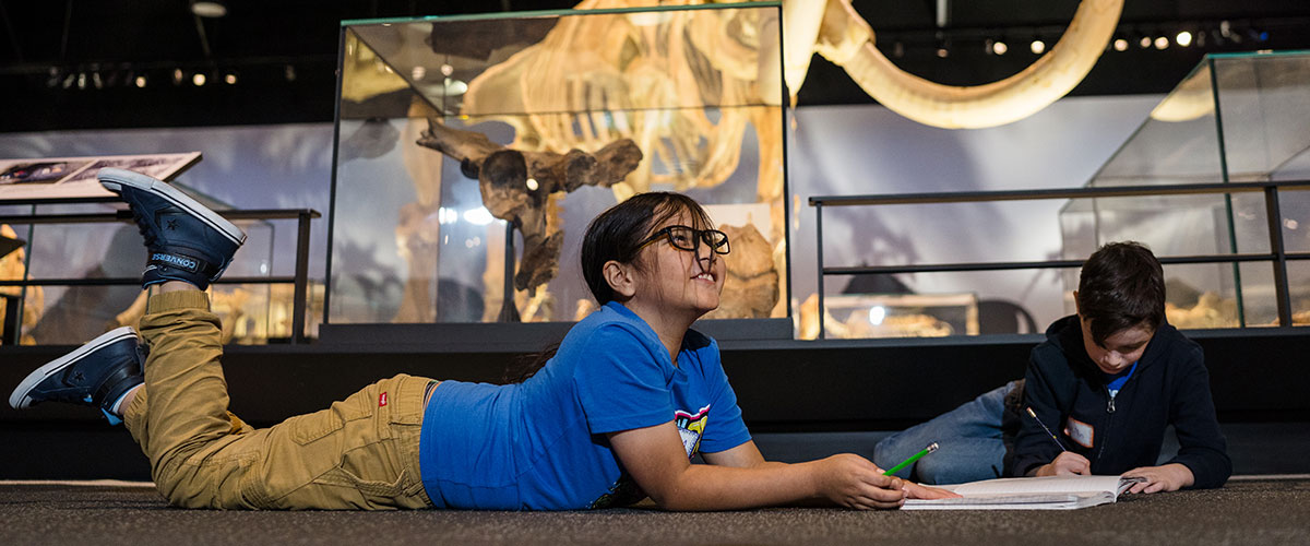 Two children do classwork in the Natural History Hall.