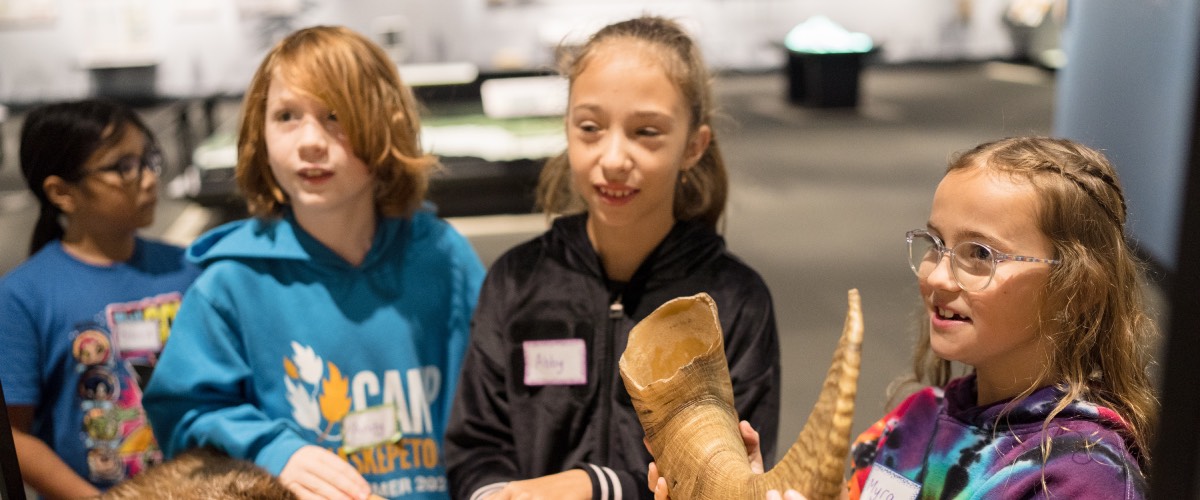 Four children learn at an objects table.