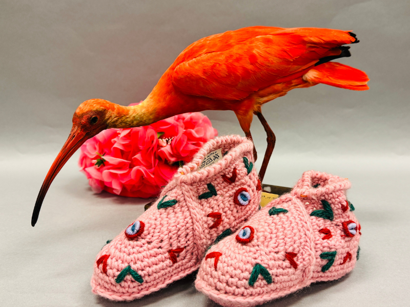A photo of three pink objects from the collection: a bird, some slippers, and flowers.
