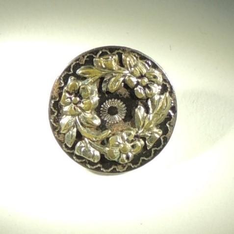 Antique Large Metal Celluloid Photo Button with Floral Victorian