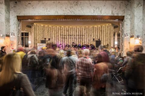 A large crowd moves through the RAM lobby during Glenora closing party