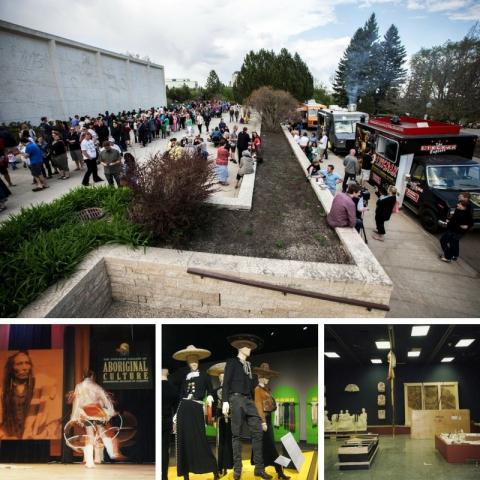 Four photos showing past events at RAM. An Indigenous hoop dancer, a crowd of people eating at food trucks, mannequins showing various clothing items, and an empty museum gallery.