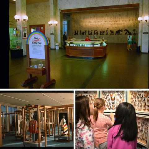 The old RAM lobby, with a large wooden admissions desk; Display cases showing various clothing pieces; three young girls look at a wall of pinned butterflies.