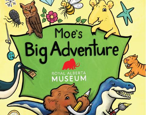 Illustrated animals stand around a sign that says "Moe's Big Adventure"