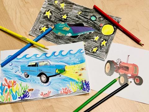 Three pieces of paper feature funky vehicles in pencil crayon coloured worlds - an amphibious car under water, a solar car soaring through space, and a red tractor waiting for it's environment to be coloured in.