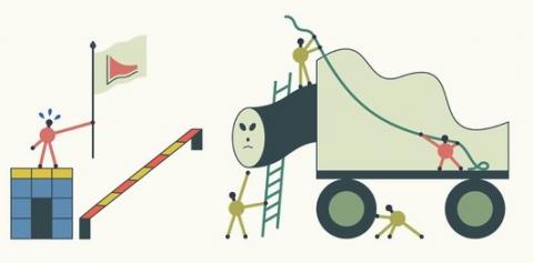 An illustration of small people building a wacky, train-shaped machine, standing on a platform, and holding a flag.