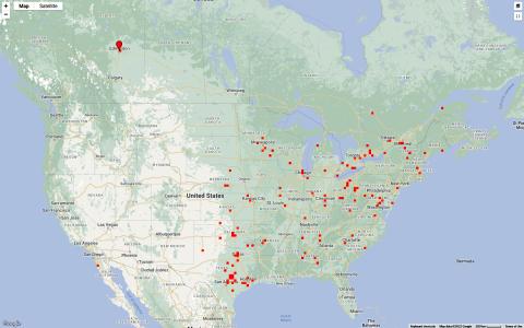 A map of North America, with several red pins scattered around the eastern half of the United States, and one single pin in Edmonton, Alberta, Canada.