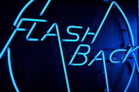 A photo of a recreated neon sign from the club called Flashback.