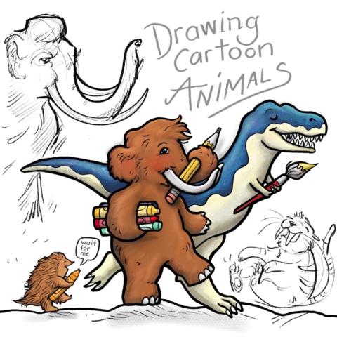 Illustration of several anthropomorphized ice age animals and dinosaurs.