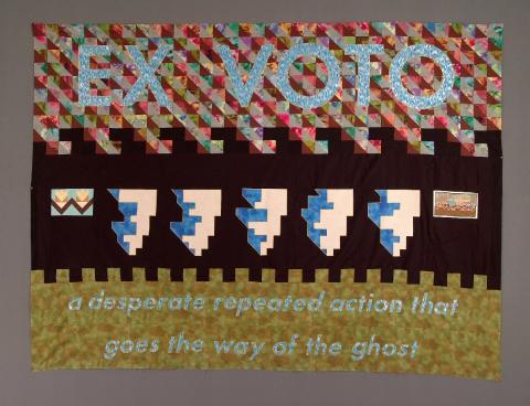A very stylized and pixelated graphic that says "ex voto"