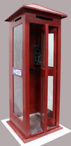 Bowen Residence phone booth. Restored and painted red prior to donation to the Royal Alberta Museum. Original colours can be seen in the previous image. Royal Alberta Museum, H22.48.1a-e.