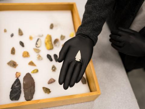 a gloved hand holds an arrowhead from the collection
