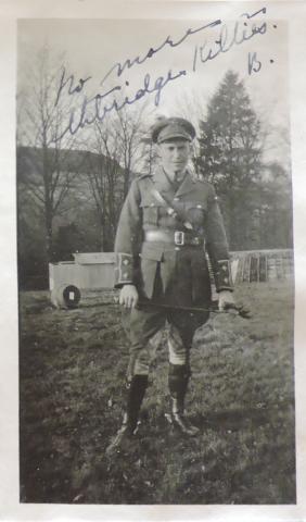 William Frame poses in his military uniform looking at the camera. An inscription on the photo says “No more Lethbridge Kilties”