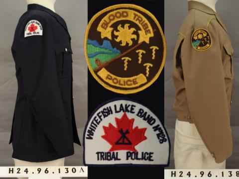 Right to left, top to bottom: Whitefish Lake #128 Tribal Police Jacket, Blood Tribe Police Service patch, Whitefish Lake #128 Tribal Police patch, Blood Tribe Police Service jacket.  