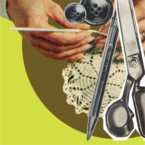 A collage of images from vintage catalogues on a yellow background. The images are of scissors, hands, buttons and a pencil.