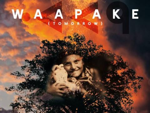 Waapake (tomorrow) film poster image. A smiling face in sepia tones overlays a silhouette of a tree. Pink clouds fill the background.