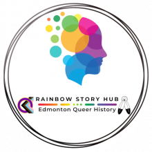 Logo for the Rainbow Story Hub is a circle surrounding a face made up of rainbow coloured circles.