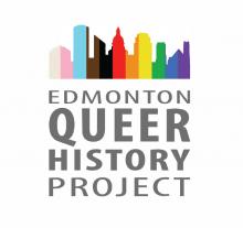 Logo for the Edmonton Queer History Project. The image is a city skyline with a rainbow colour pattern overlay.