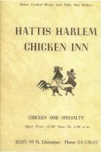 A menu from Hatti's Harlem Chicken Inn, where chicken was their specialty.