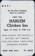 A newspaper ad encouraging readers to get "the most tempting meal in a lifetime" from the Harlem Chicken Inn.