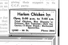 A newspaper ad for the Harlem Chicken Inn, open 5 pm to 7 am