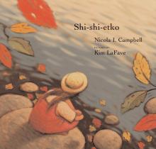 An illustrated book cover showing a young girl looking into a river, with orange and yellow leaves around her