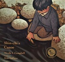 An illustrated book cover showing a young boy playing with a toy canoe in a river