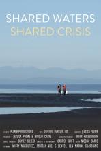 Movie poster for Shared Waters Shared Crisis. Two people in the midground carrying buckets and walking along a shoreline. Beach in the foreground, ocean water and mountains in the far distance. 