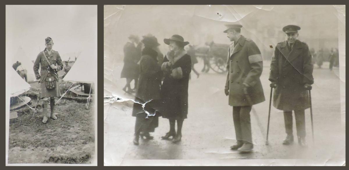 Two vintage photos. Photo on the left is solider William Frame in his military uniform in front of tents at camp Sarcee in 1916. Photo on the right is four people standing at Buckingham palace two women and a male solider on the left looking left and solider William Frame on the right standing with crutches looking at the Camera.