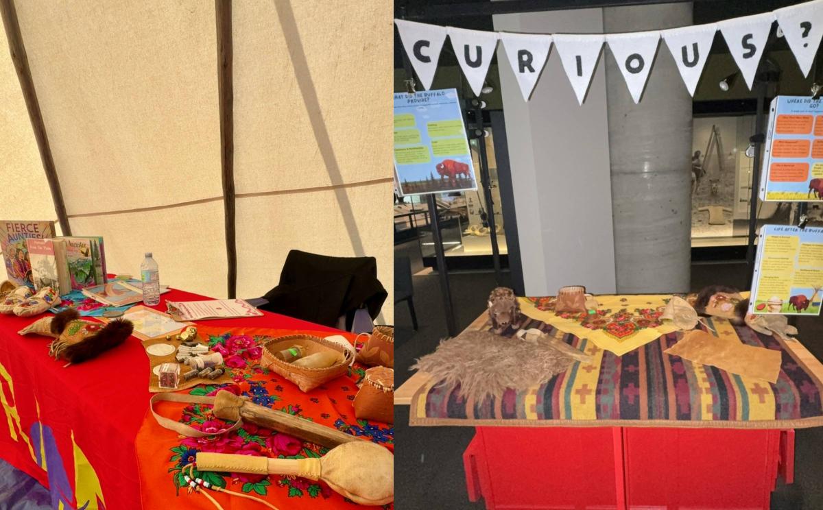 Two photos. On the left a red display table displaying various indigenous artifacts and books. On the right a red Royal Alberta Museum program cart displaying indigenous artifacts.